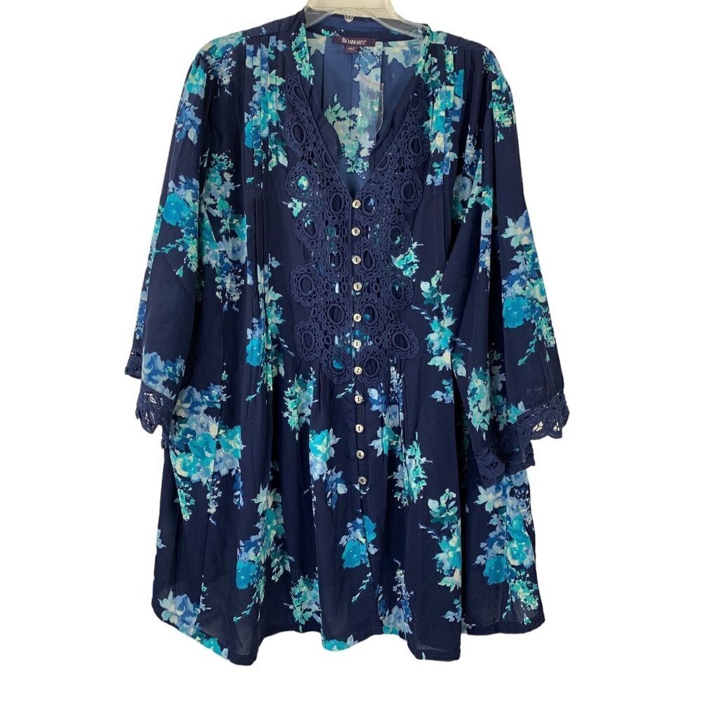 Roaman's Women's Navy Blue Floral Blouse